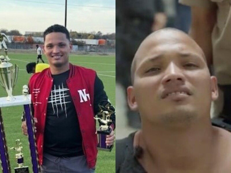 Mervin Yamarte holds a trophy on a soccer pitch on the left. On the right, he winces in a close-up photo.