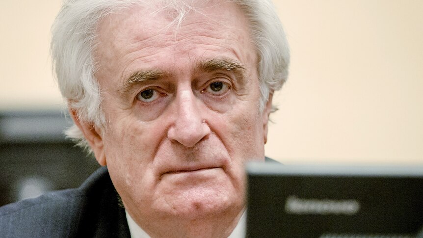 Karadzic sits in the courtroom for the reading of his verdict.