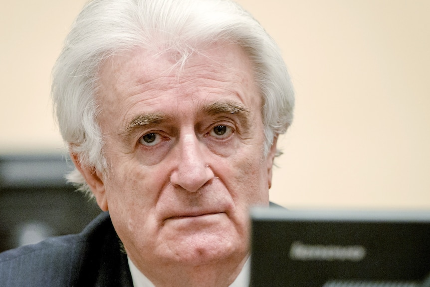 Karadzic sits in the courtroom for the reading of his verdict.