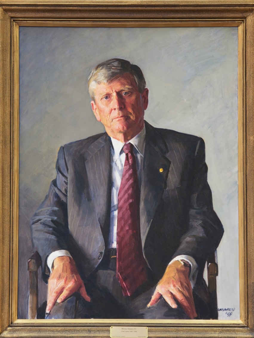 A painted portrait of a man in a suit.