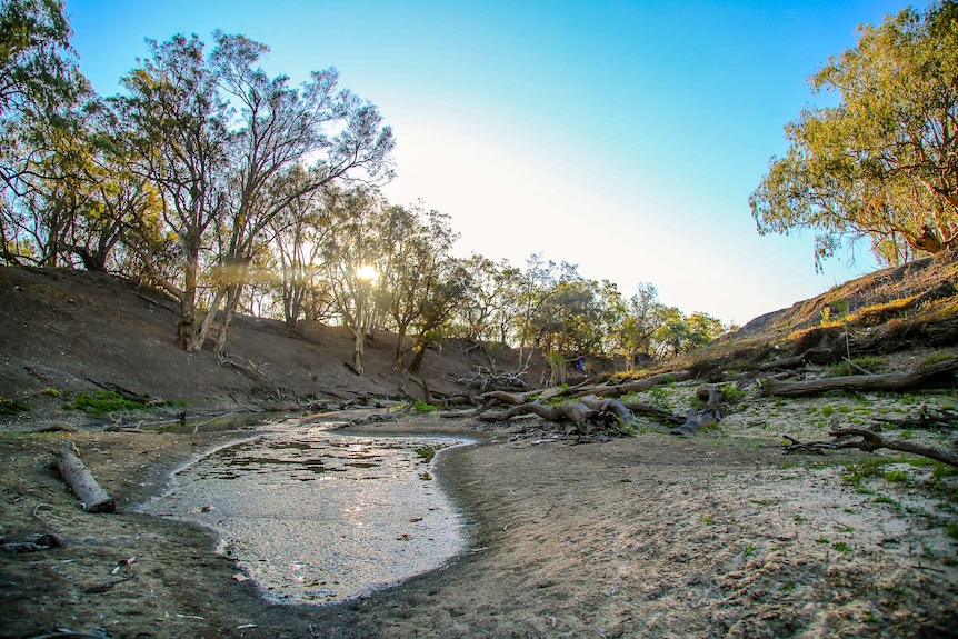 Water flows down a parched riverbed.