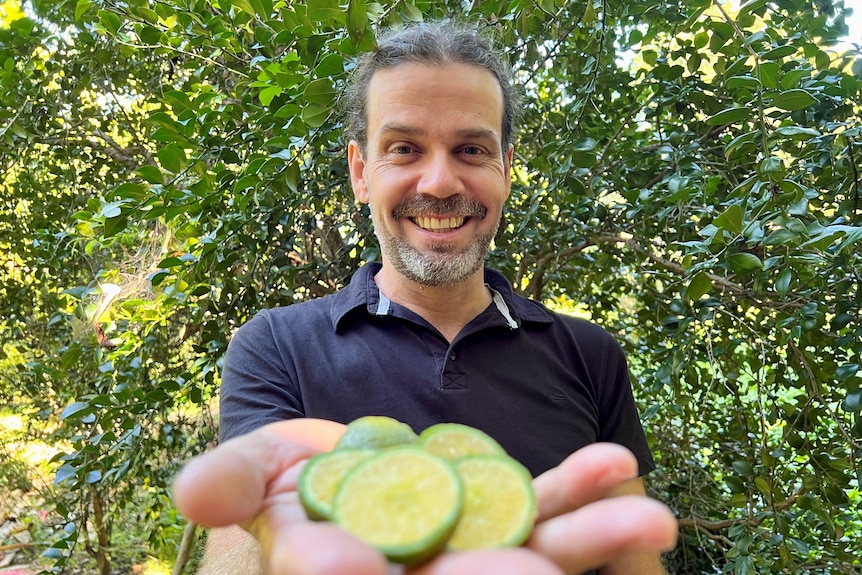Man stands in an orchard holding sliced limes in his palm towards the camera.