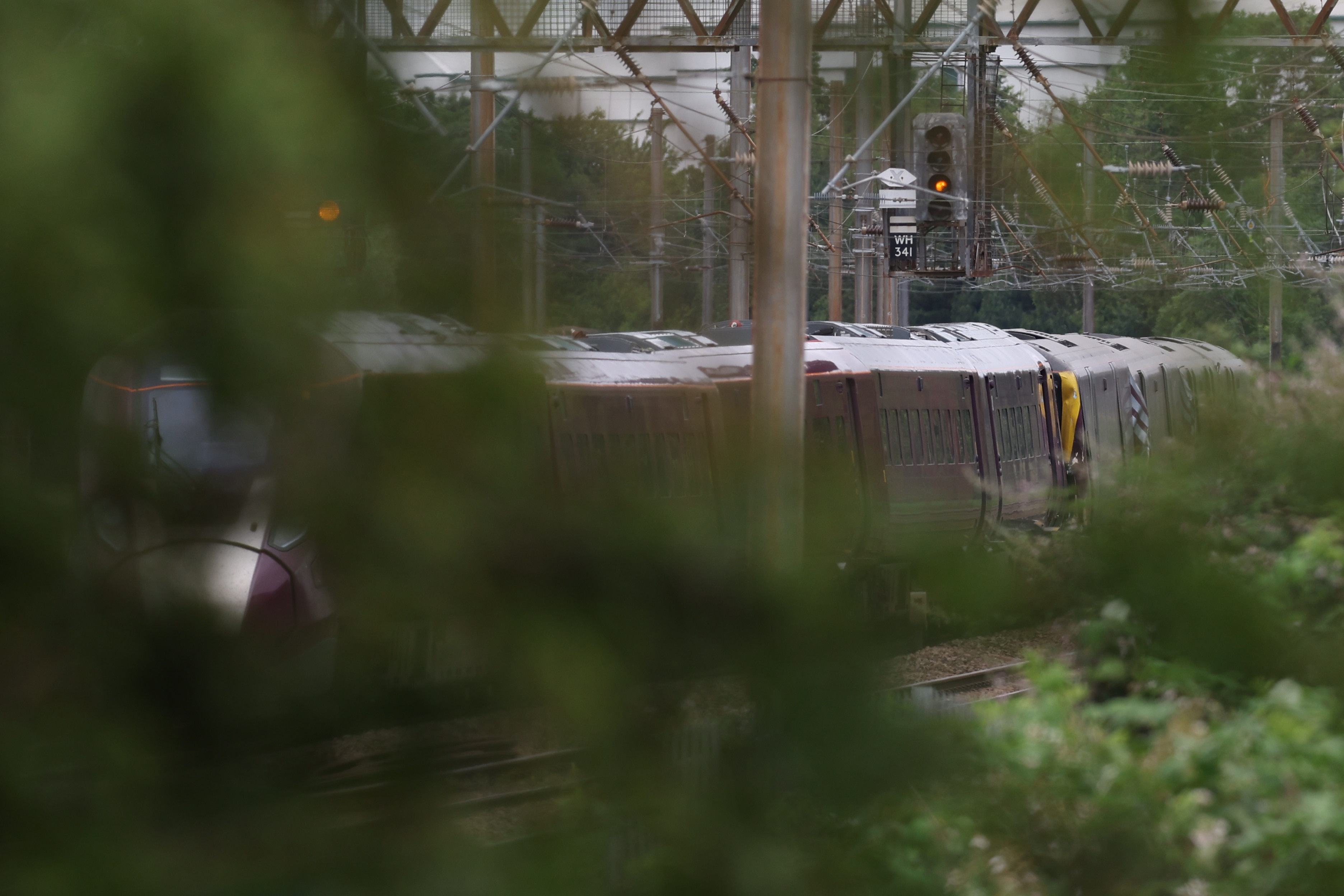 a train that has been damaged, partially obscured by a tree in foreground