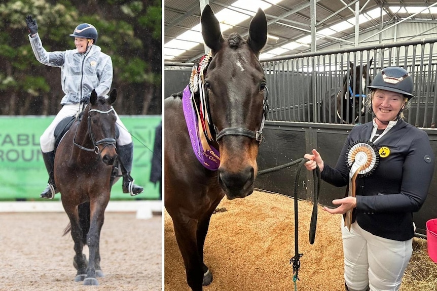 A collage of a para-horse rider at a dressage competition.