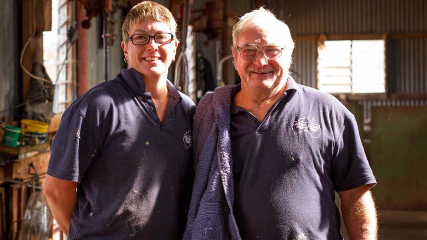 Maree Smith and her dad Noel in a shearing shed north of Esperance.
