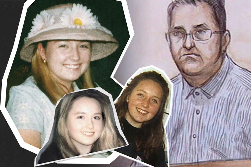 A court sketch of Bradley Edwards and several cutout pictures of Sarah Spiers.