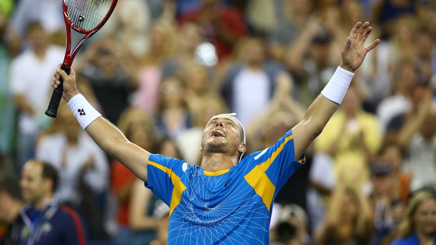 Lleyton Hewitt celebrates after beating Argentina's Juan Martin del Potro at the US Open.