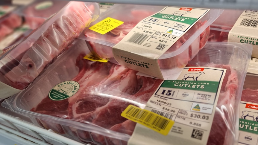 close up of packets of lamb cutlets on Coles shelf 