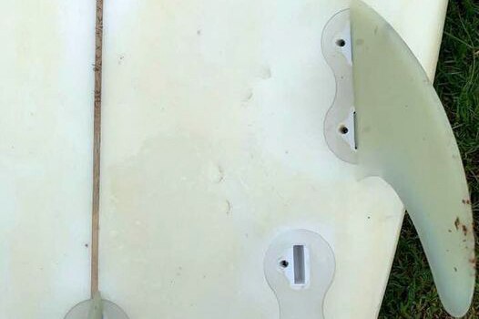 Close up of a surfboard showing bite marks.