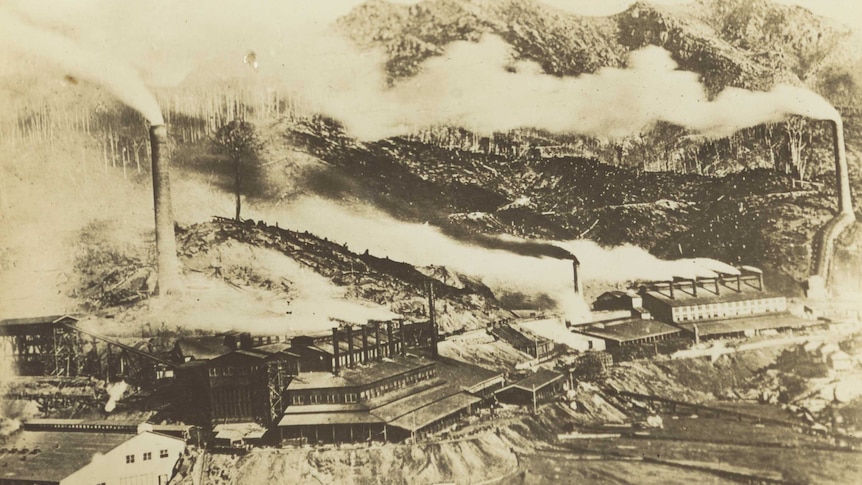 Hills of Mt Lyell stripped of tress to feed the smelters and poisoned by sulphurous fumes.
