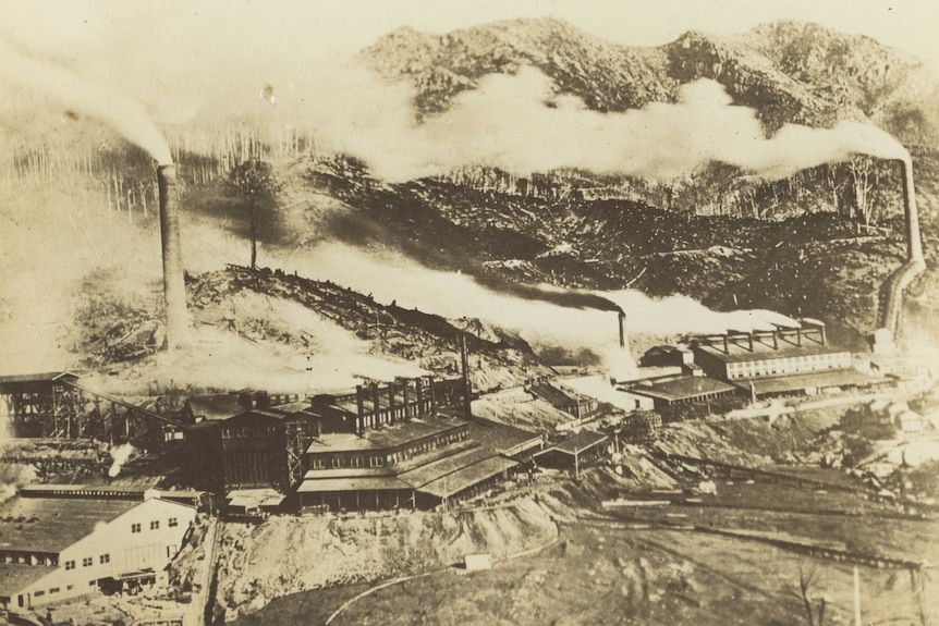 Hills of Mt Lyell stripped of tress to feed the smelters and poisoned by sulphurous fumes.