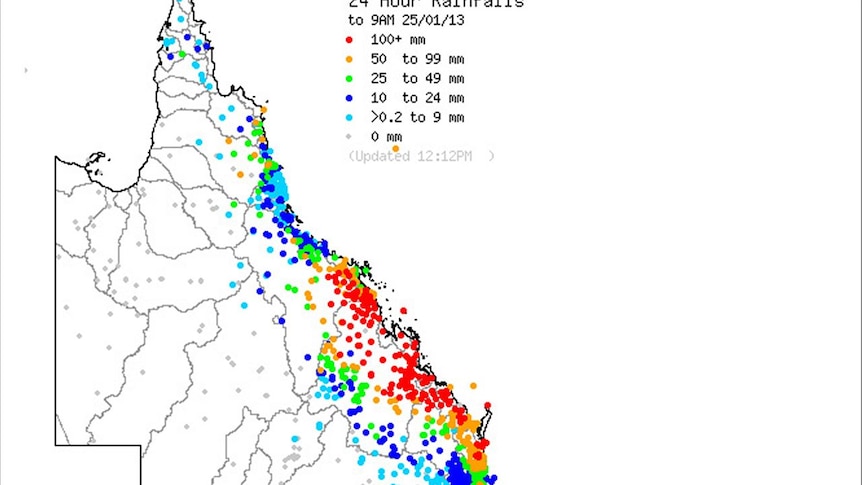 Weather bureau rainfall map for Queensland  24-25 Janurary, 2013