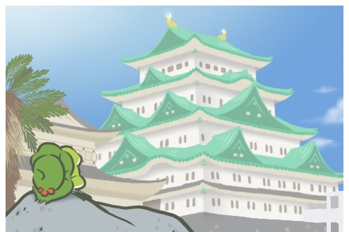 A screen shot from the game Travel Frog. The frog is looking at a castle in Japan.