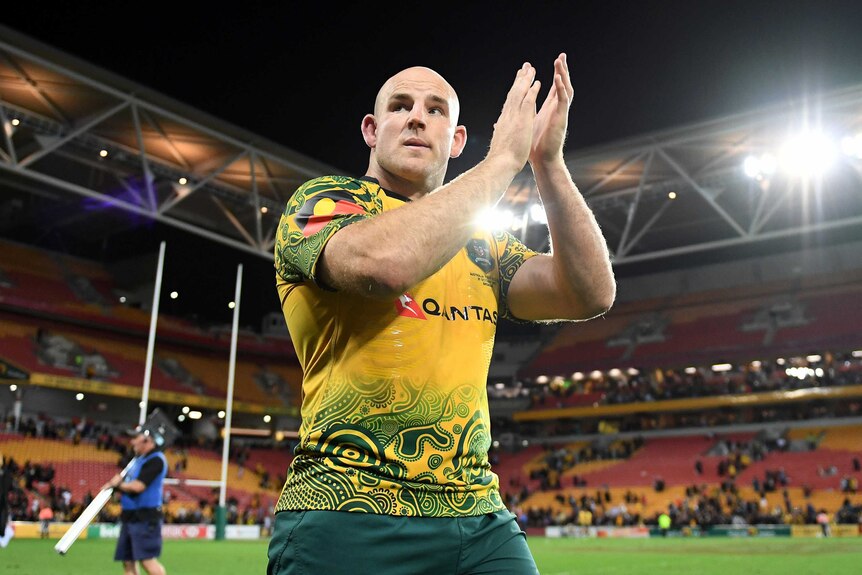 Stephen Moore claps the Lang Park crowd after the Wallabies beat the All Blacks in their Bledisloe Cup Test.