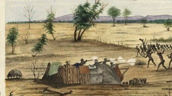 William Oswald Hodgkinson's painting 'Bulla, Queensland, 1861' shows armed fighting between Europeans and Aboriginal people.