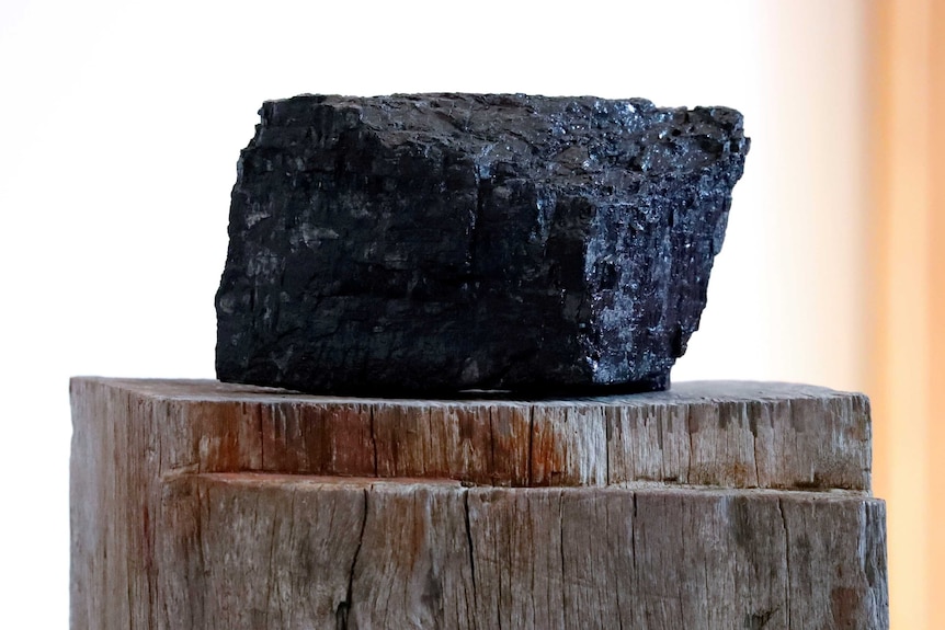 A lump of black coal sits on a wooden stump.