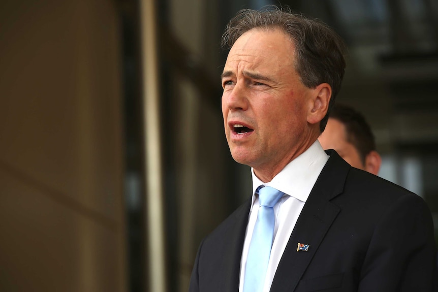 Health Minister Greg Hunt speaking at a press conference.