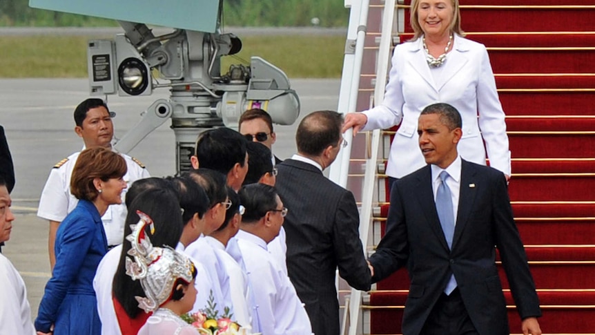 US president Barack Obama shakes hands with Derek Mitchell, the US ambassador to Burma.