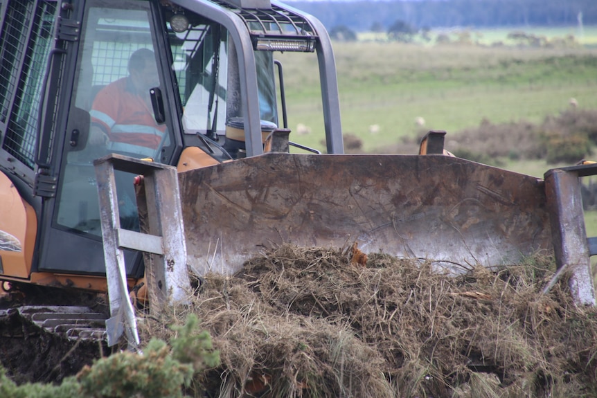 A yellow bulldozer pushes a mound of dirt and vegetation towards the camera.