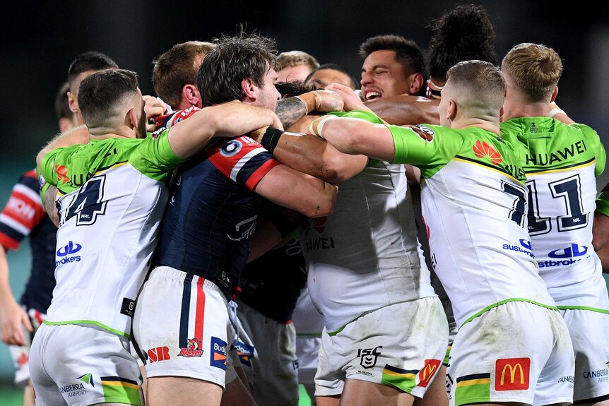 Sydney Roosters and Canberra Raiders NRL players involved in a melee at the SCG.