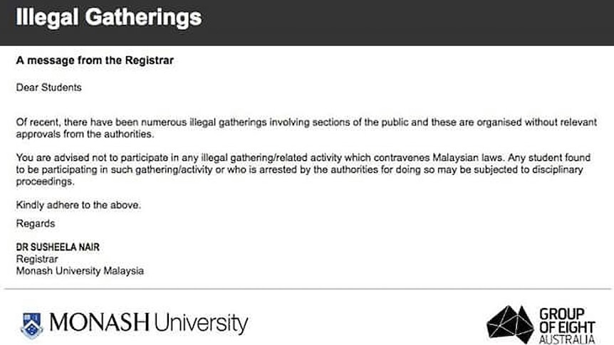 Monash University email students advising them not to participate in protests.