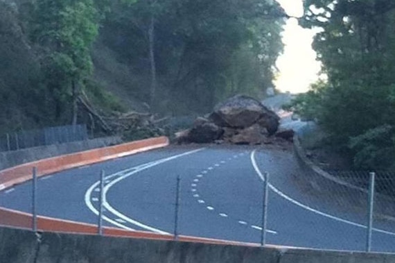 Fallen boulder blocks Cunningham Highway near Warwick