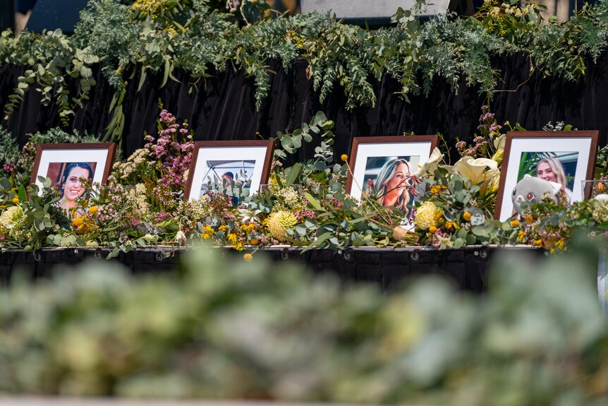 A row of four photographes in frames with flowers around them. 