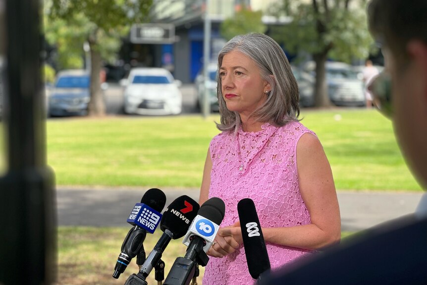 A woman with short grey hair wearing a bright pink top standing in front of microphones.