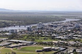Looking across Rockhampton Showgrounds t othe city centre of the central Queensland city, with the Fitrozy River flowing past.
