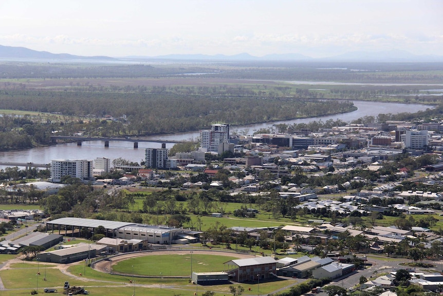 Looking across Rockhampton Showgrounds t othe city centre of the central Queensland city, with the Fitrozy River flowing past.