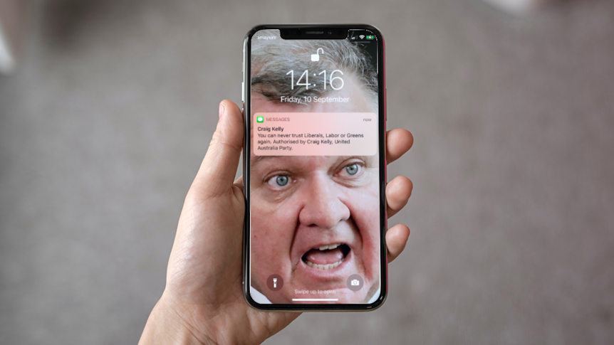 A phone screen displays the face of Craig Kelly, with a text message notification from the MP.