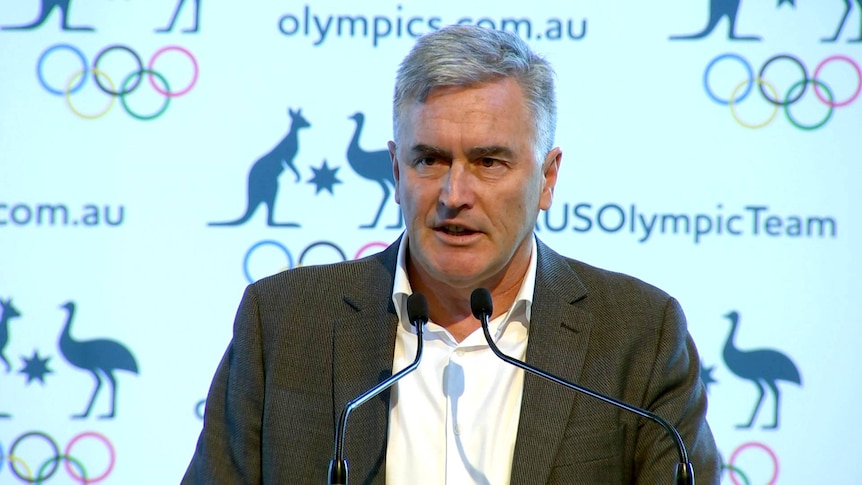 Australian Olympic Chef de Mission Ian Chesterman delivering a speech.
