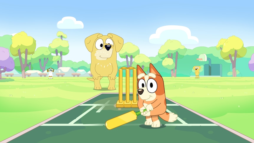 Image of Bingo playing cricket in ABC Kids program Bluey