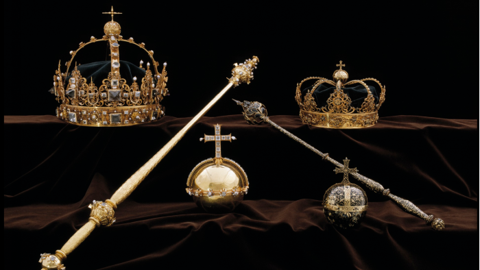 The two crowns and the orb in the centre of the photograph were taken in the heist.