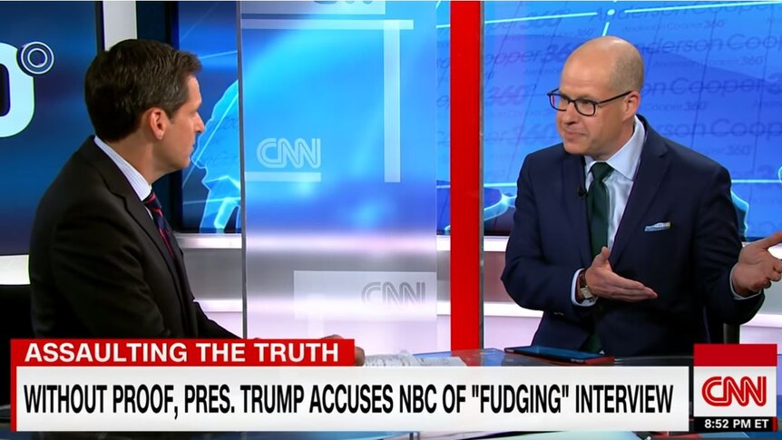 A screen capture of a TV presenter speaking to a talent on CNN. The banner reads "assaulting the truth".