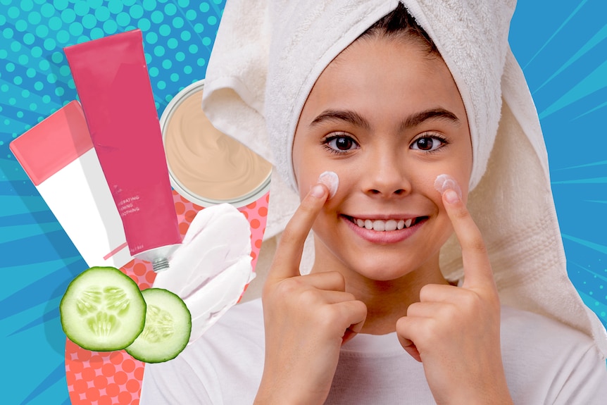 A teen with a towel on her head putting cream her cheeks, against a blue-apricot starburst background, with beauty products.