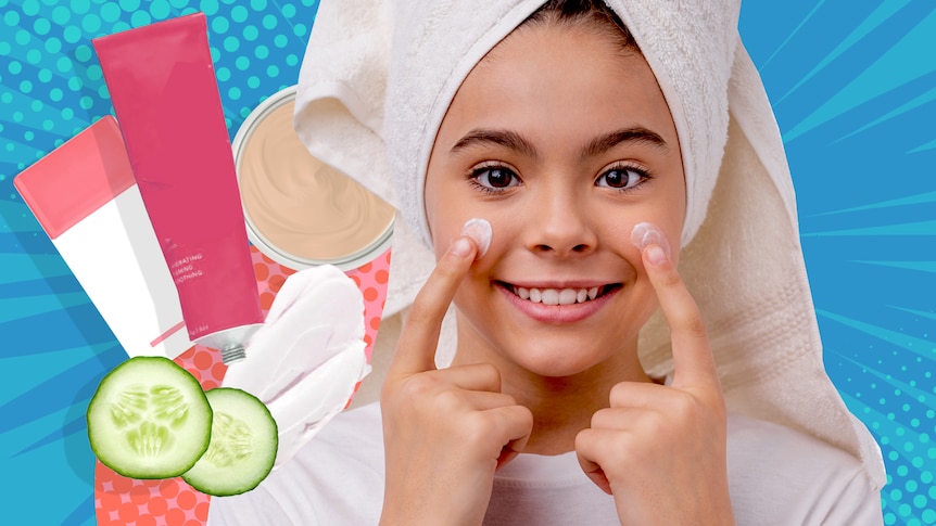 A teen with a towel on her head putting cream her cheeks, against a blue-apricot starburst background, with beauty products.