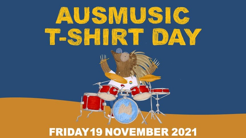 An echidna bashing the drums for Ausmusic T Shirt Day