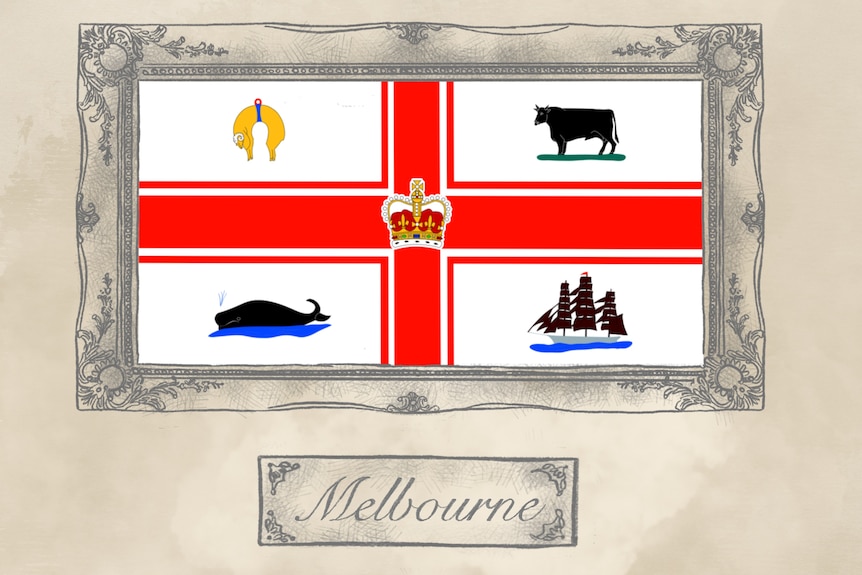 A flag with a red cross on a white background, with five symbols: A sheep, a cow, a whale, a ship and a crown.