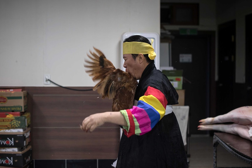 A Korean shaman bites the head off a chicken in Seoul, November 2016