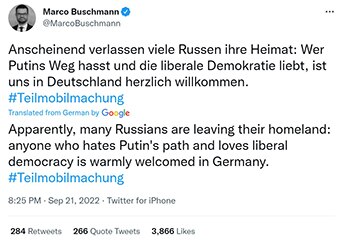 Une capture d'écran d'un tweet du ministre allemand de la Justice indique que toute personne dissidente sera la bienvenue en Allemagne