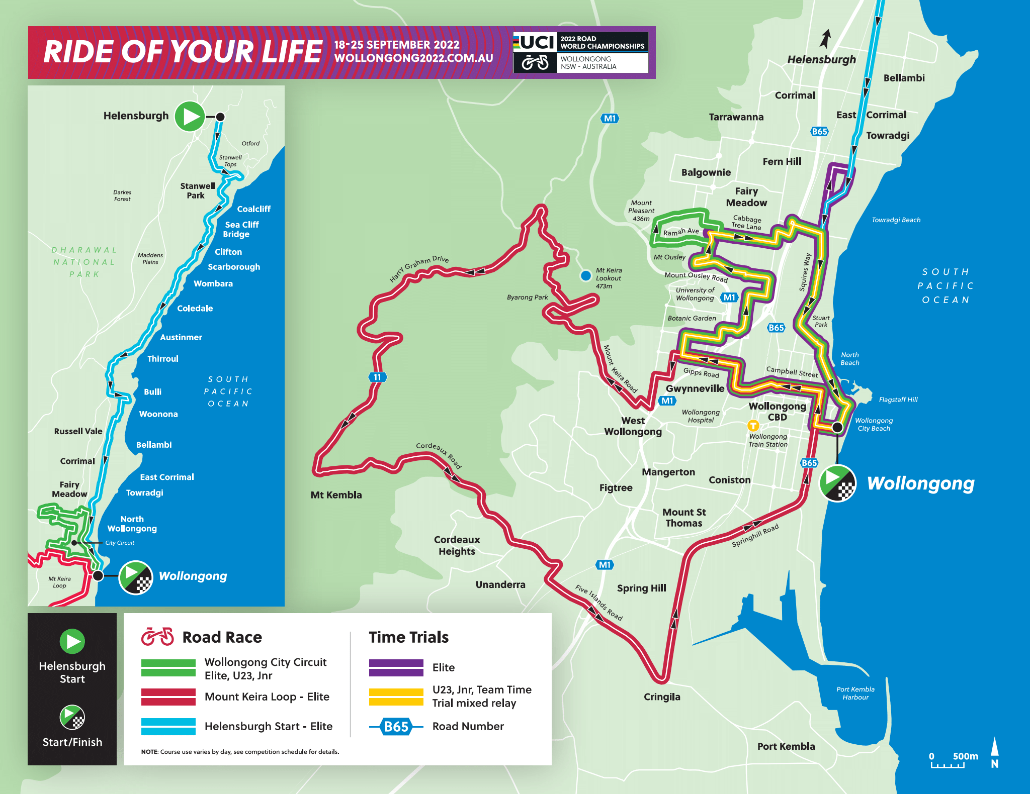 Une carte de Wollongong avec des itinéraires à code couleur décrits.