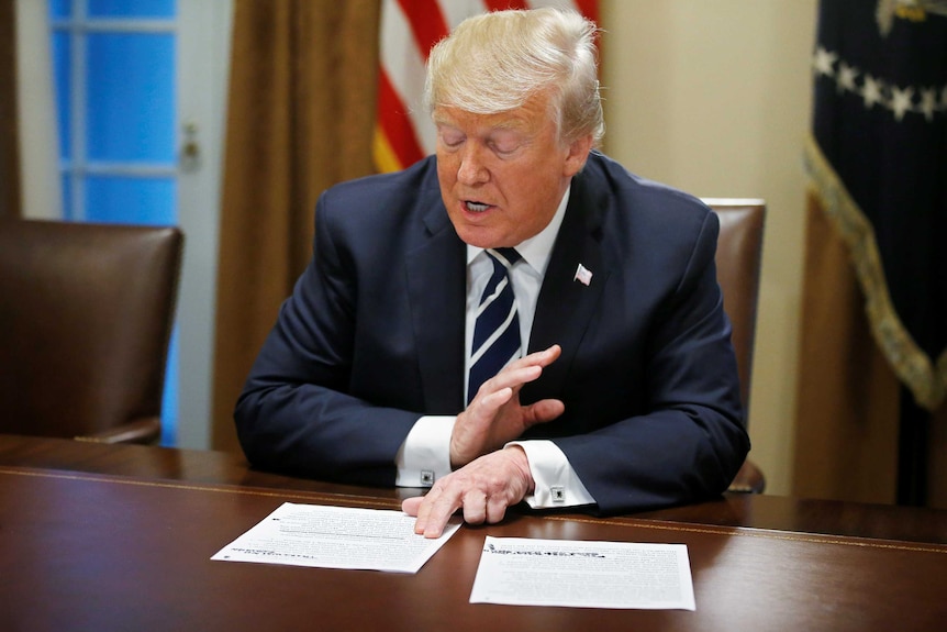 US President Donald Trump reading from documents on his desk and gesturing with one hand