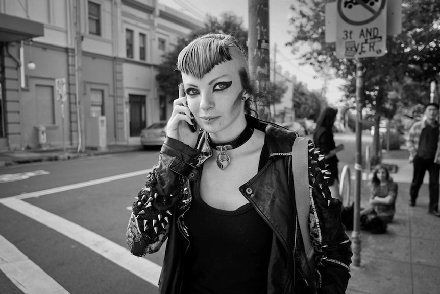 A woman dressed in punk-inspired fashion in King Street, Newtown, Sydney.