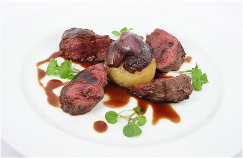 Kangaroo fillet, cassia sahllot, potato fondant, and blackberry jus ...