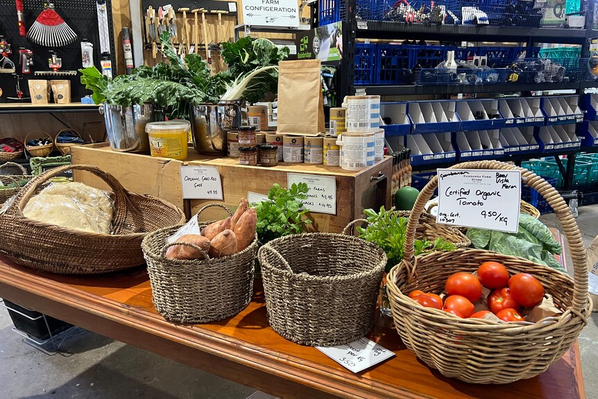Baskets of produce in the farm store.
