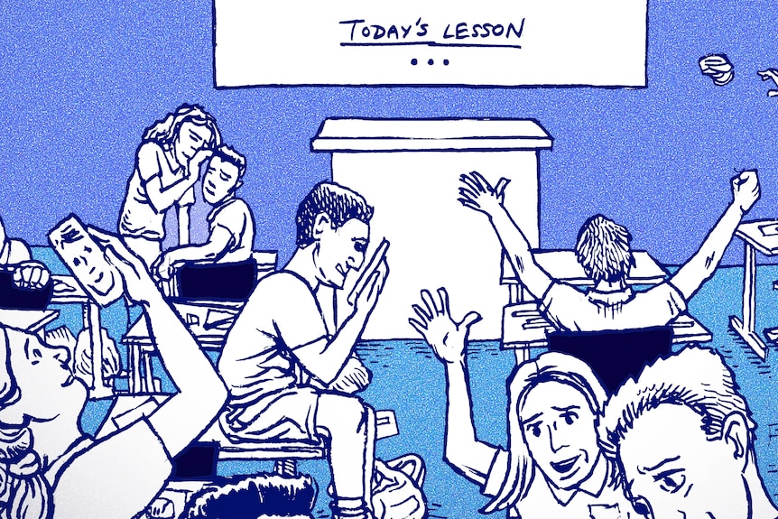An illustration of kids mucking up in a classroom unsupervised 