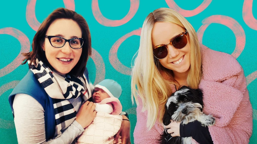 Sarah Scopelianos with her baby and Kellie Scott with her dog for a story about how babies change the dynamics of friendships.