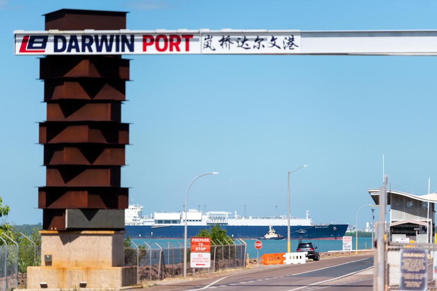 Darwin Port sign above ship.
