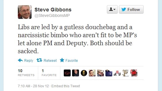 Tweet sent by Labor MP, Steve Gibbons.